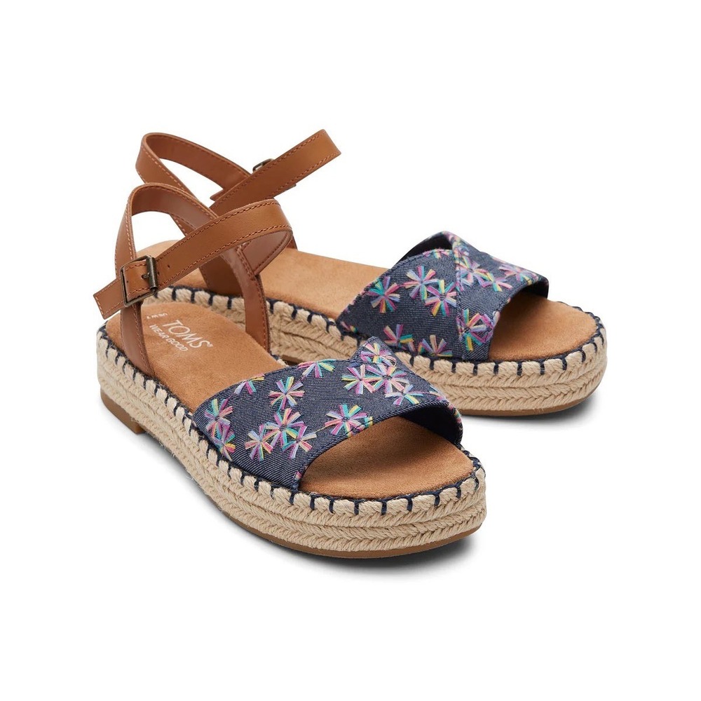TOMS Monica Blue Denim Floral Embroidered Espadrille Platform Sandals Womens 8.5